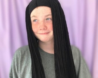 Long black yarn wig, Halloween costume wig, Classic Witch costume hair