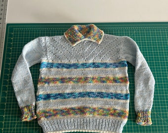 Vintage Wool Sweater Handmade Blue Rainbow Pullover Collar Kids Toddler