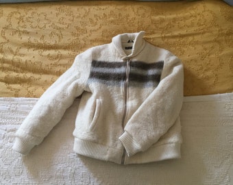 Vintage Wool Faux Shearling Zipper Sweater Jacket Coat, Striped, Neutral, Beige, Brown, Cream, Grey