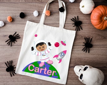 Personalized Halloween Trick or Treat Tote Bag, Canvas Halloween Bag With POC Astronaut Girl, Kids Candy Bag With Name