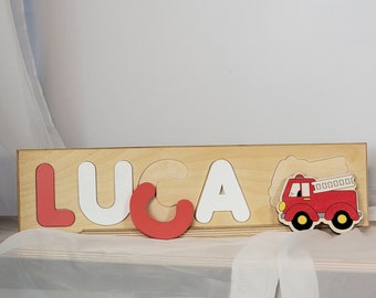 Fire Truck Name Puzzle, Montessori Baby Toys, Baby Name Sign, Gift for Boys, Wooden Toy, Baby Shower Gift, Boy Easter Gift, Vday Gifts