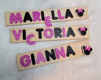 Minnie Mouse, Name Puzzle, Montessori Baby Toys, Baby Name Sign, Gift for Girl, Wooden Toy, Baby Shower Gift, Easter Gift Girl, Vday Gift