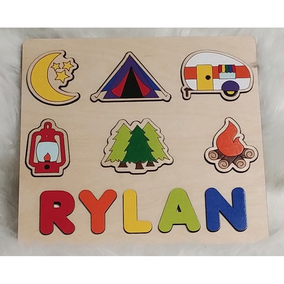 Camping Personalized Wooden Baby Name Puzzle For Toddler Gift