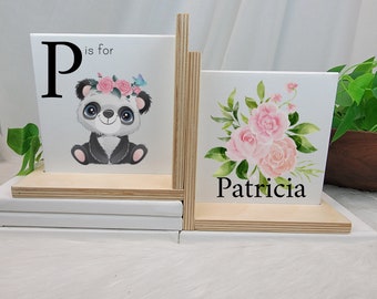 PANDA BOOKEND, INITIAL Bookends, Girls Name Bookend, Personalized Floral Bookends for Girls Bookshelf, Bear Nursery Decor