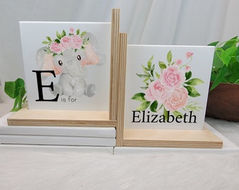 Personalized Wood Bookends, Pink Elephant, Nursery Decor, Babyshower Gift For Baby Girl