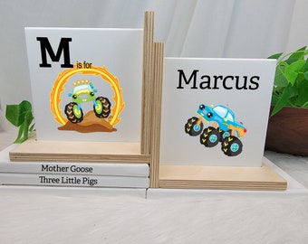 BOY NAME BOOKENDS, Personalized Nursery Bookends, Initial Bookends, Bookshlef Decor, Monster Truck Rutic Bookends, Personalized Boy Gift