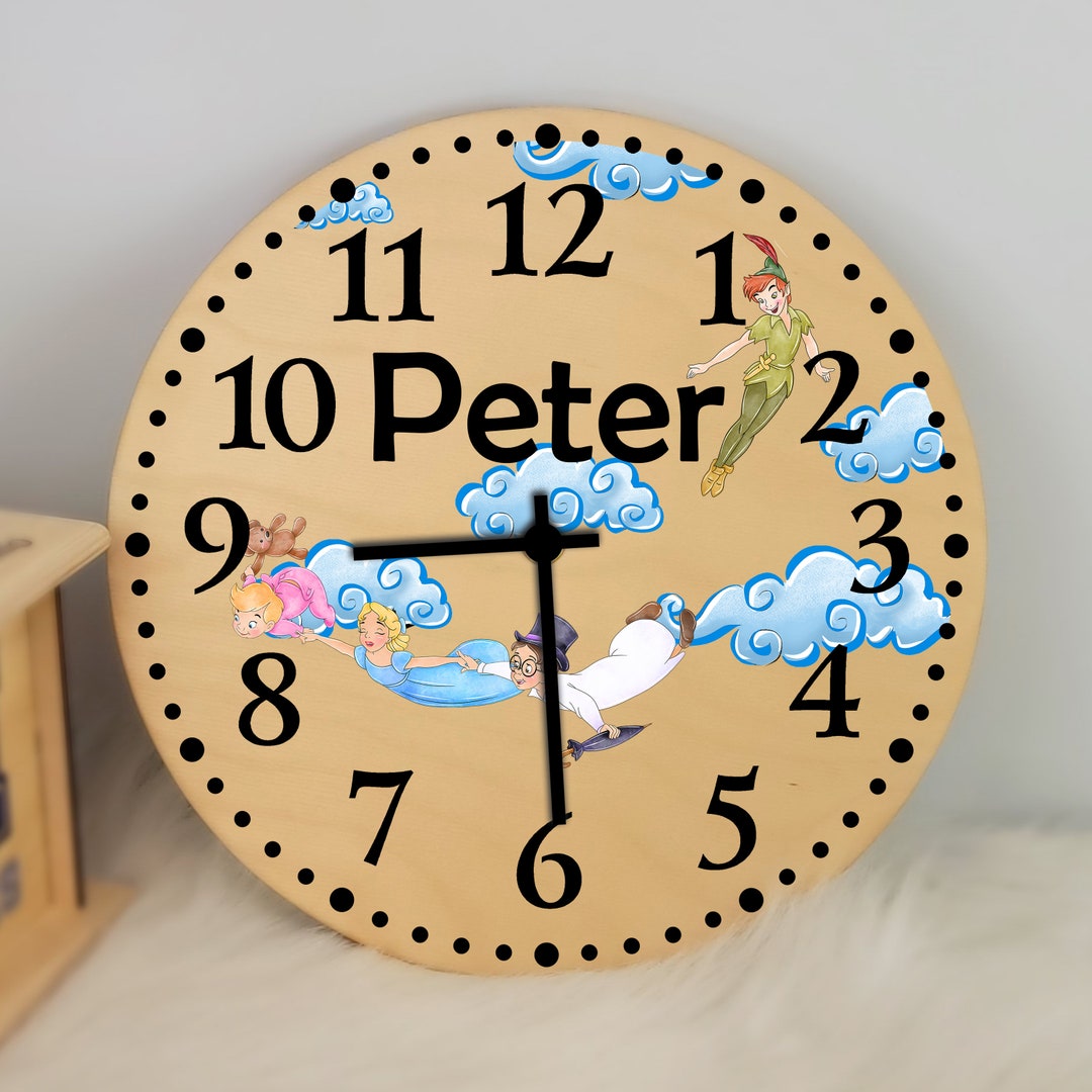 Personalized Wooden Kids Clock Peter Pan Design Silent Etsy