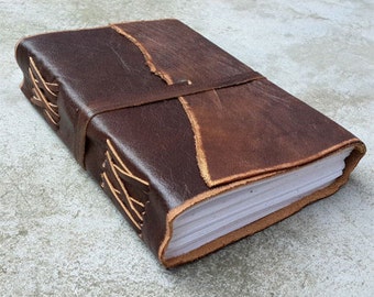 Antique Dark Brown Leather Journal Diary (Handmade) with leather tie closure - Leather Cord Coptic bound