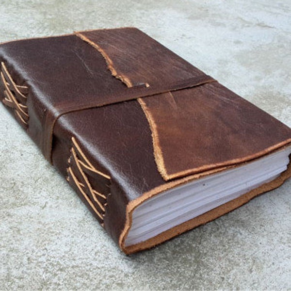 Antique Dark Brown Leather Journal Diary (Handmade) with leather tie closure - Leather Cord Coptic bound