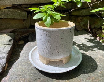 Pottery Planter with Feet, Drainage, and Matching Saucer