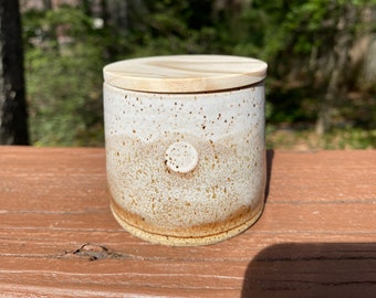 Small Pottery Jar with Snap-On Wood Lid, Salt, Spice, or Pill Jar, Speckled White, Earth Tones, Morning Moon