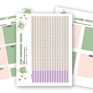 K&ouml;nnte beinhalten: Druckbarer Pflanzenpflegeplaner mit einem Wochenplan, einem Pflanzenpflege-Tracker und einer saisonalen Checkliste. Der Planer verf&uuml;gt &uuml;ber ein gr&uuml;n-rosa Farbschema mit Illustrationen von Pflanzen und Sternen.