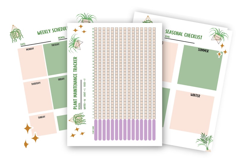 K&ouml;nnte beinhalten: Druckbarer Pflanzenpflegeplaner mit einem Wochenplan, einem Pflanzenpflege-Tracker und einer saisonalen Checkliste. Der Planer verf&uuml;gt &uuml;ber ein gr&uuml;n-rosa Farbschema mit Illustrationen von Pflanzen und Sternen.