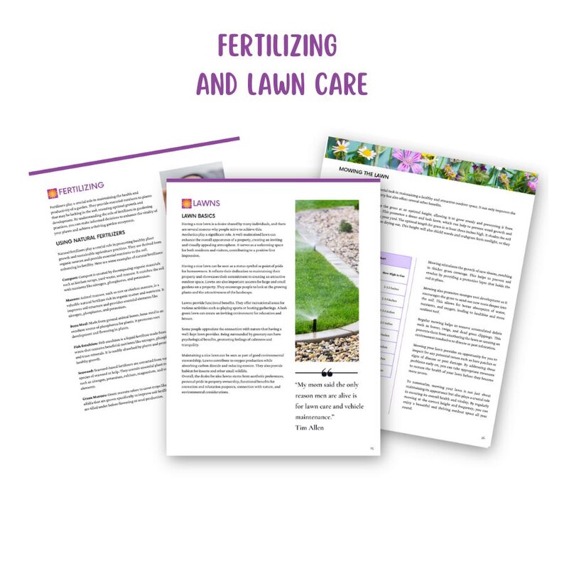 May include: A guide to fertilizing and lawn care with tips on using natural fertilizers, lawn basics, and mowing the lawn. The guide includes a quote from Tim Allen: "My mom said the only reason men are alive is for lawn care and vehicle maintenance."