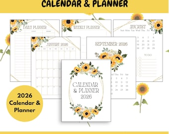 2026 Druckbarer Sonnenblumen Kalender & Planer | Tages- und Wochenplaner | Digitales Produkt | PDF-Download