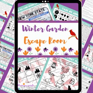Puede incluir: Una tableta digital que muestra un juego de escape room de jardín de invierno. El juego presenta una variedad de rompecabezas y desafíos, que incluyen una búsqueda de palabras, un rompecabezas lógico y un juego de coincidencia de imágenes. La tableta está rodeada de flores moradas y un cardenal rojo.