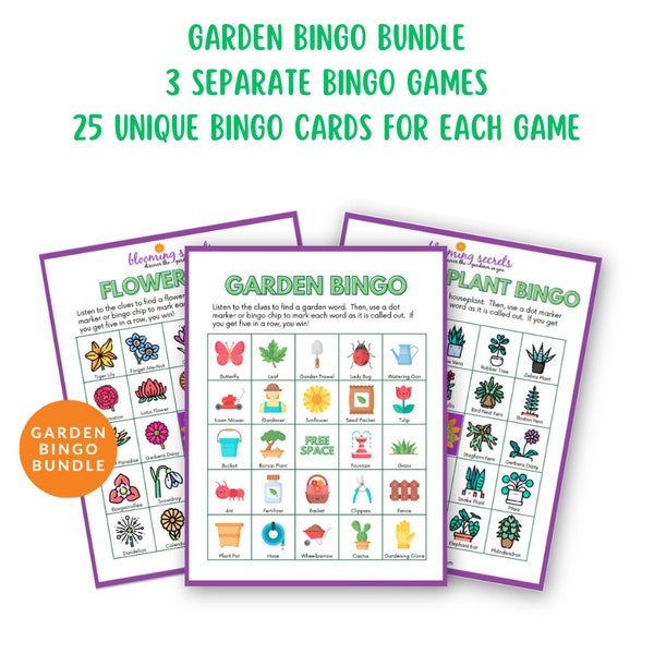 Garden Bingo Bundle | 3 Separate Bingo Games | Fun Game For All Ages | Educational And Entertaining | Perfect For Parties And Get Togethers