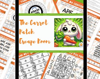May include: A digital tablet screen displaying a printable escape room game for kids. The game is themed around carrots and features a cartoon bunny holding a carrot. The game includes a variety of puzzles and activities, such as a word search, a code-breaking puzzle, and a math problem.