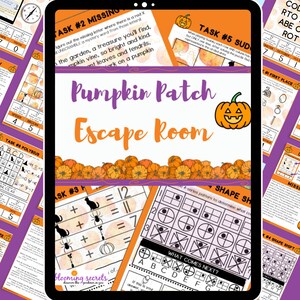 May include: A digital tablet displaying a pumpkin patch themed escape room game. The game includes various tasks, such as a missing letter puzzle, a polybius cipher, a shape shift puzzle, and a math puzzle. The tablet has a purple and orange border with a pumpkin graphic in the center.