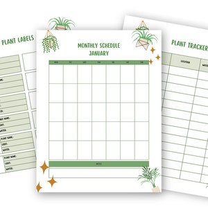 K&ouml;nnte beinhalten: Druckbarer Pflanzenpflegeplaner mit drei Abschnitten: Pflanzen-Etiketten, monatlicher Zeitplan und Pflanzen-Tracker. Jeder Abschnitt hat ein gr&uuml;nes und wei&szlig;es Design mit einer Illustration einer h&auml;ngenden Pflanze.