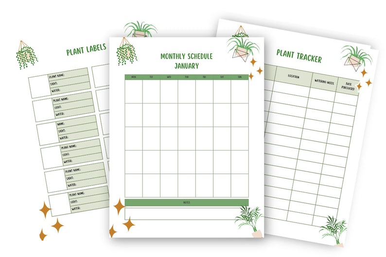 K&ouml;nnte beinhalten: Druckbarer Pflanzenpflegeplaner mit drei Abschnitten: Pflanzen-Etiketten, monatlicher Zeitplan und Pflanzen-Tracker. Jeder Abschnitt hat ein gr&uuml;nes und wei&szlig;es Design mit einer Illustration einer h&auml;ngenden Pflanze.