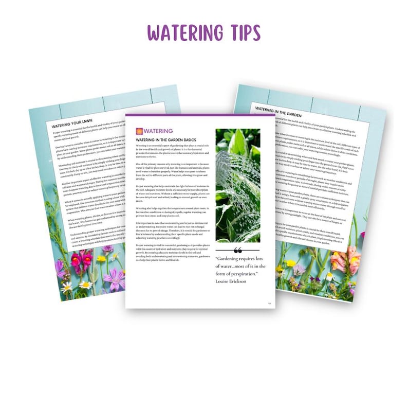May include: A guide to watering your lawn and garden with tips on watering basics, including a quote about the importance of water in gardening. The guide features images of flowers and a sprinkler watering plants.
