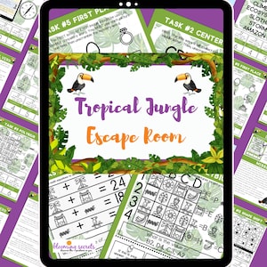 May include: A digital tablet screen displaying a tropical jungle themed escape room game. The game features various puzzles and tasks, including a polybius cipher, a shape shift puzzle, and a center task. The screen is surrounded by a green jungle border with toucans.
