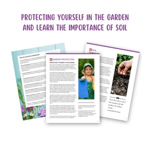 May include: A guide to protecting yourself while gardening and learning about the importance of soil. The guide includes tips on gloveless gardening, garden protection, and soil basics. The guide features a young girl holding a blue gardening tool and a quote by Leonardo da Vinci about the importance of soil.