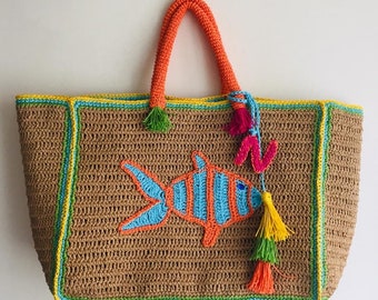 Crochet  Beach Bag/ Knitted Large Tote Bag/Personalized Crochet Bag/Fish Applique Knit Bag/Initial Bag