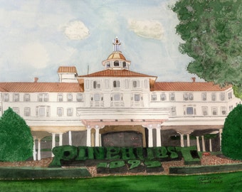 May include: Watercolor painting of a large white building with a brown roof and a tower. The building has many windows and is surrounded by green bushes. The words "Overhurst 1895" are spelled out in green bushes in front of the building.