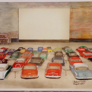 Badin Rd Drive-In Theater limited edition print of original watercolor painting by Robert Martin.