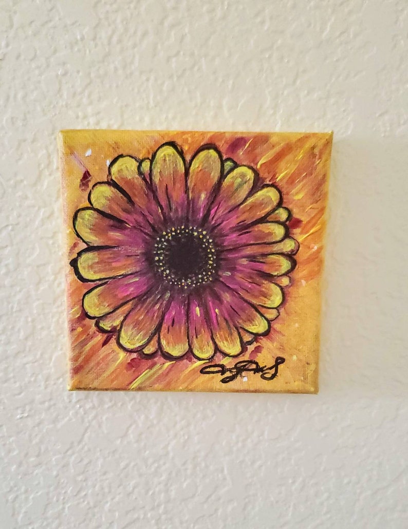 Acrylic Art Sunshine Daisy Small Painting 5x5 Daisy Painting Flower Painting ORIGINAL Original Art Pink and Yellow Flower Painting