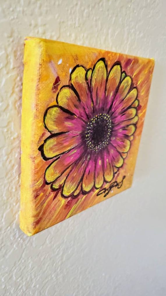 Acrylic Art Sunshine Daisy Small Painting 5x5 Daisy Painting Flower Painting ORIGINAL Original Art Pink and Yellow Flower Painting