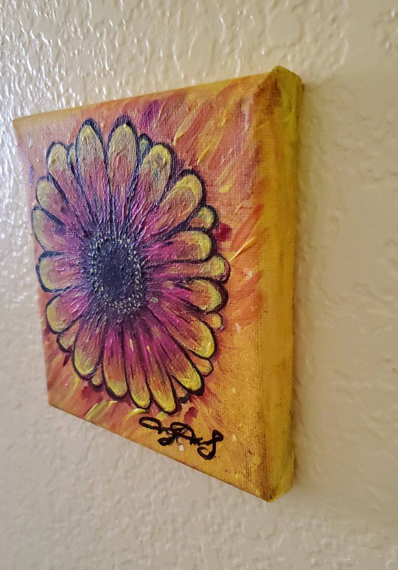 Acrylic Art Sunshine Daisy Small Painting 5x5 Daisy Painting Flower Painting ORIGINAL Original Art Pink and Yellow Flower Painting