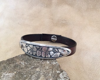 Leather Cuff With Silver Floral Bar