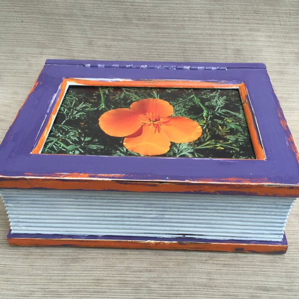 Shabby Chic Jewelry box, book lover gift, Vintage jewelry box, with photo framed lid, trinket box, purple and orange, Valentine Gift