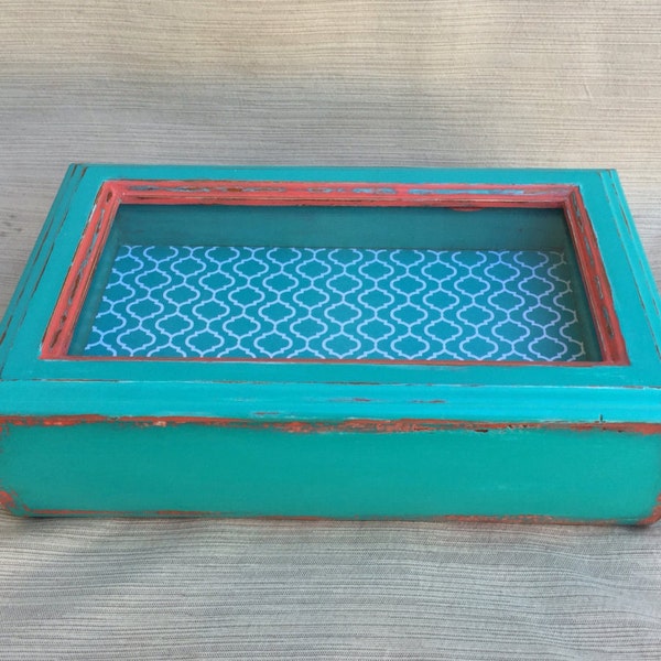 Shabby Chic Tea box, Teal and Coral box, Shabby chic jewelry box, vintage box, beach cottage decor, unique Gift, tea box, gift for her,