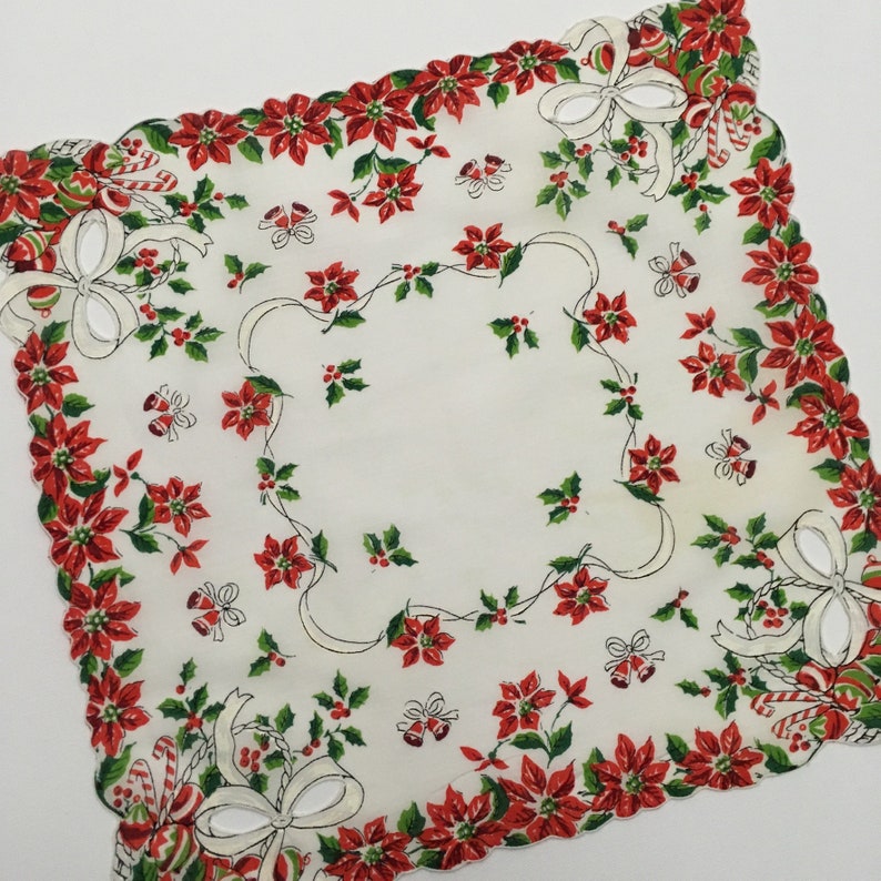 Bells Holly FREE SHIPPING Scalloped Edge Vintage Christmas Hankie Candy Canes