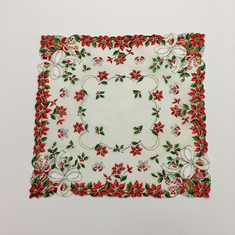 Bells Holly FREE SHIPPING Scalloped Edge Vintage Christmas Hankie Candy Canes