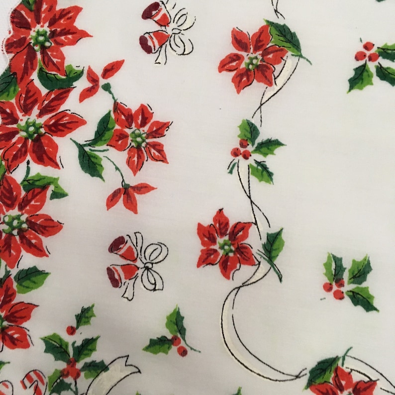 Bells Holly FREE SHIPPING Scalloped Edge Vintage Christmas Hankie Candy Canes