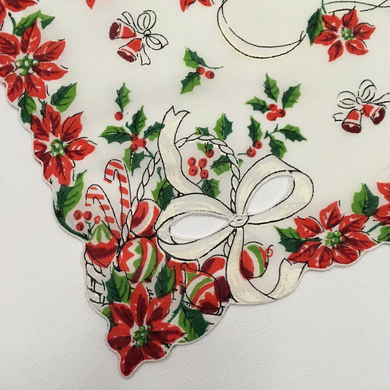 Bells Holly FREE SHIPPING Scalloped Edge Vintage Christmas Hankie Candy Canes