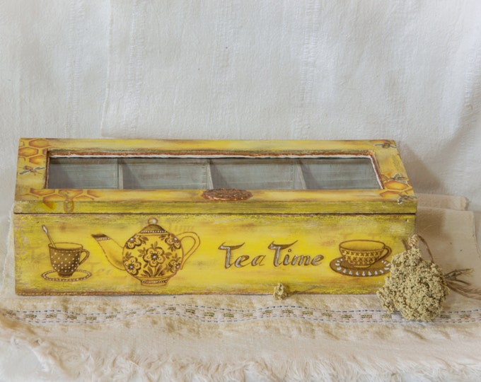 Tea Box, Tea Storage Box, Tea Bags Organizer, Wooden Tea Box, Tea Time, Distressed, Vintage