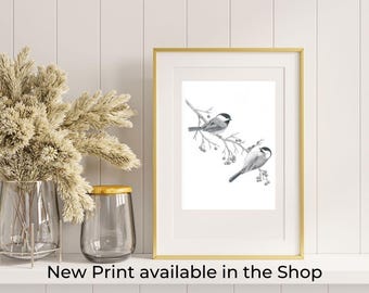 Chickadee Art Print - Original bird artwork signed- Christmas gift for wife or husband - Wedding gift for nature lovers- Anniversary Gift
