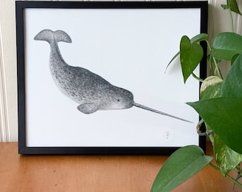 Narwhal art print - Sea animal art - Original Whale wall art signed by the artist - Ocean themed art print- Bathroom art -Beach themed room