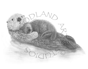 Otter Mom art Print embossed and signed by the artist- 10 x 8 Otter wall art perfect gift for Mom or for new baby - Sea animal art
