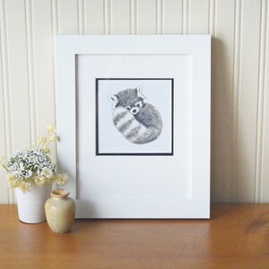 Red Panda Art print. This photo shows and example of how you could frame the art. It's in a white frame, sitting on a wooden table with small vases to the left of the frame. Red panda curled up sleeping. Fluffy tail is in front.