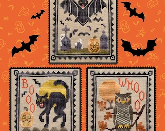 HALLOWEEN CRITTER TRIO; Digital Pattern for Cross Stitch by Waxing Moon; 3 Spooky, but Cute Animals. Black Cat, Bat, and Owl