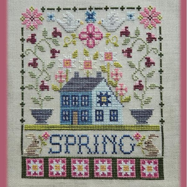 SPRING SALTBOX; Schema digitale per punto croce di Waxing Moon; Casa tradizionale in una graziosa cornice primaverile