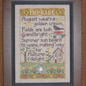 AUGUST SAMPLER; Pattern for Counted Cross Stitch; Instant PDF Download; Summer, Sunflowers, Crows, Watermelon