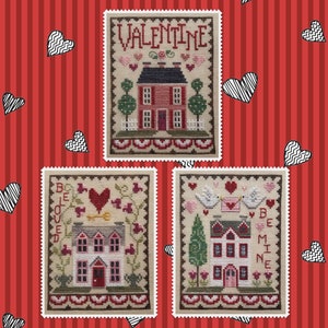 VALENTINE HOUSE TRIO Digital Pattern for Cross Stitch by Waxing Moon Designs Set of 3 Cute Romantic Houses House Trio Series image 1